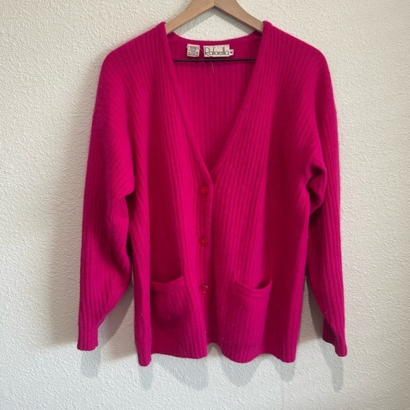 VTG Rafella Womens Medium Fushia Pink Rabit Hair Ribbed Cardigan Bright Cozy - Picture 1 of 8